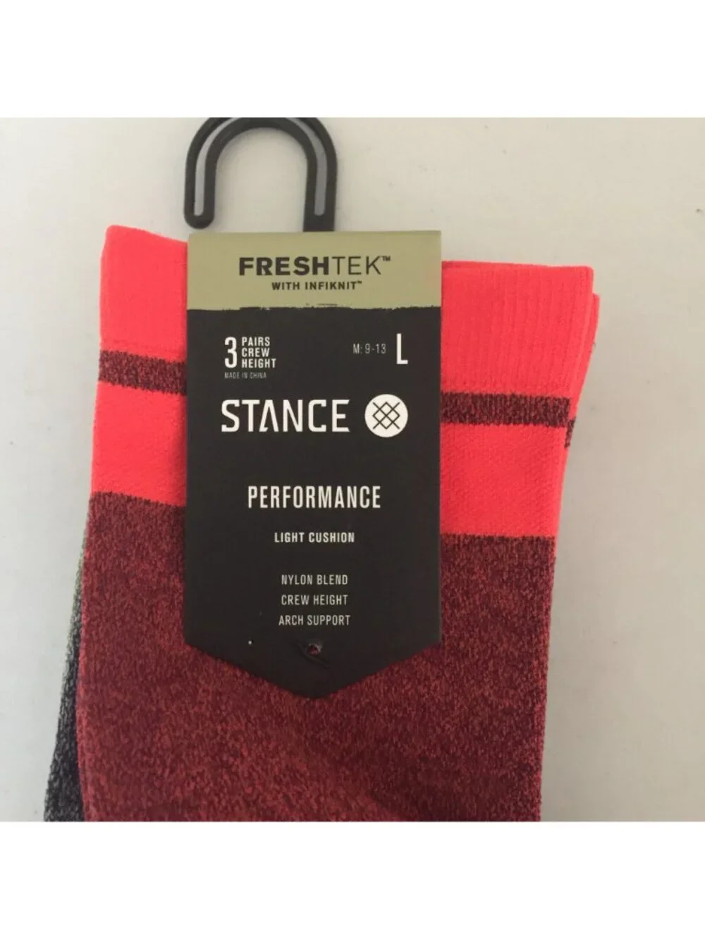 Stance Men's SPEEDY Light Crew Performance 3 Pack Size Large 9-13 Red Black Gree